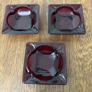 Vintage Ruby Glass Ashtrays Set Of 3